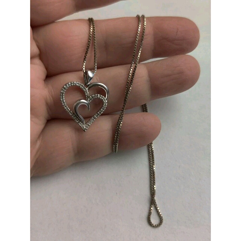 Signed SUN 925 Sterling Silver Diamond Double Heart Pendant Necklace